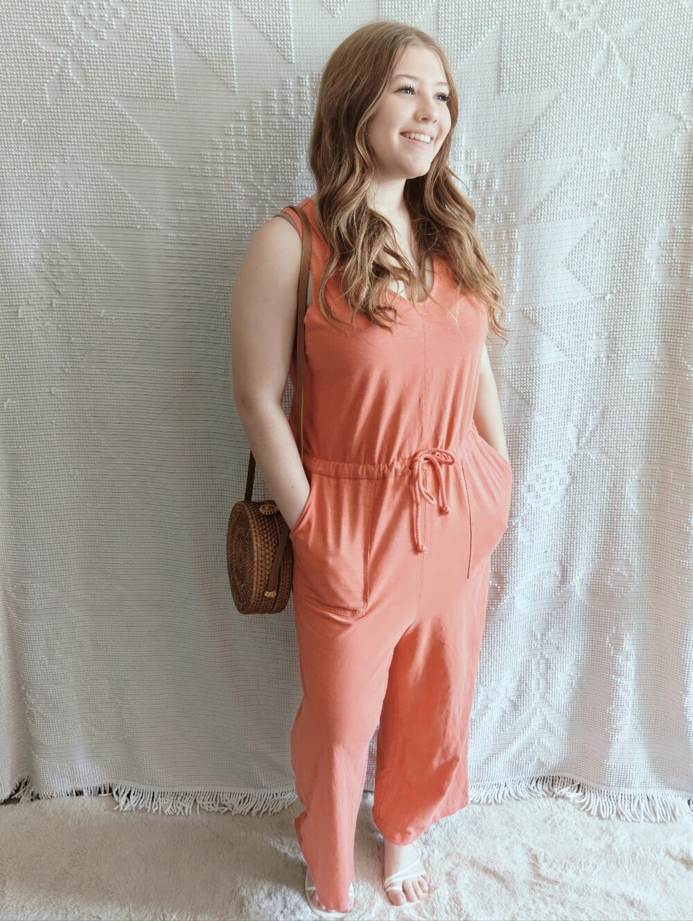 Core Life Coral Cotton Wide Leg Jumpsuit | Cropped Drawstring Romper | Size XL